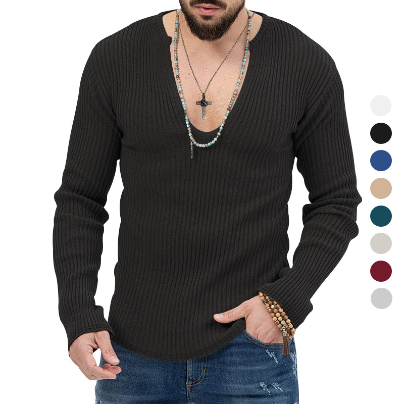 Men's Trendy Spring And Autumn Deep V-neck New Solid Color Knitted Long Sleeve Shirt_voghion.com