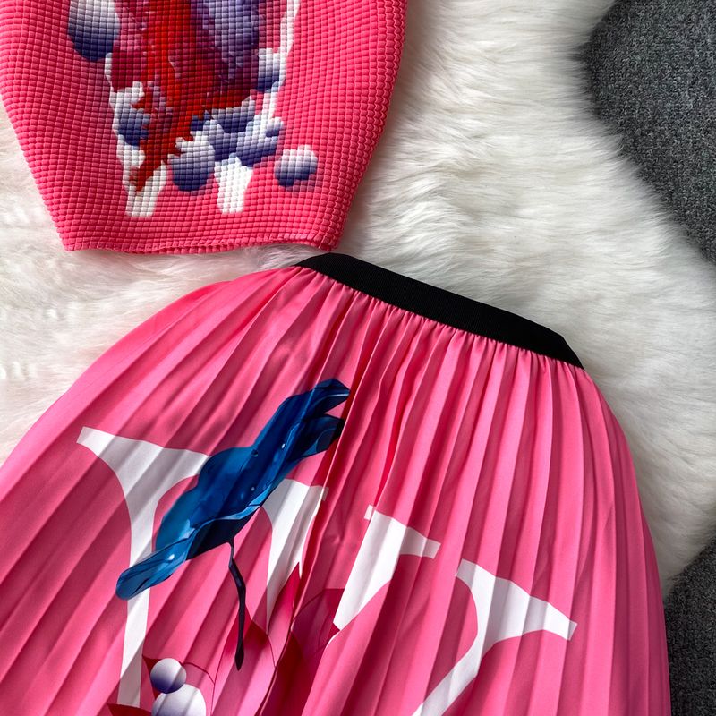 Vêtements pour femmes Costume de mode pour femmes à manches courtes col montant coupe ajustée haut plissé deux pièces jupe plissée taille haute été_voghion.com