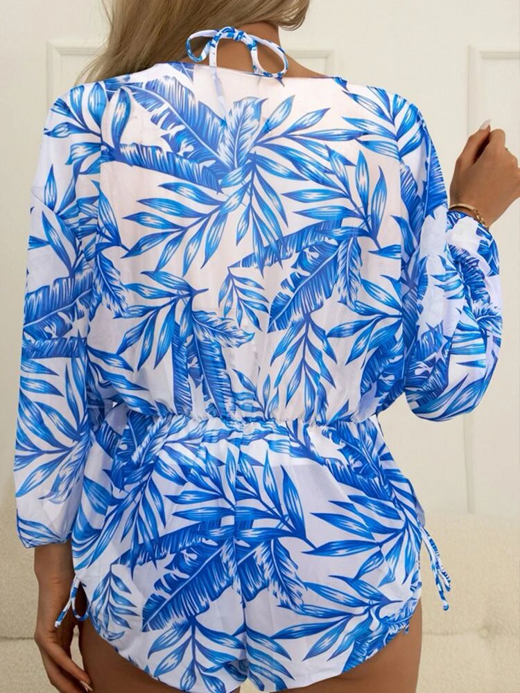 Costume da bagno intero da donna in rete con vita alta, stampa con coulisse, bikini in tre pezzi_voghion.com