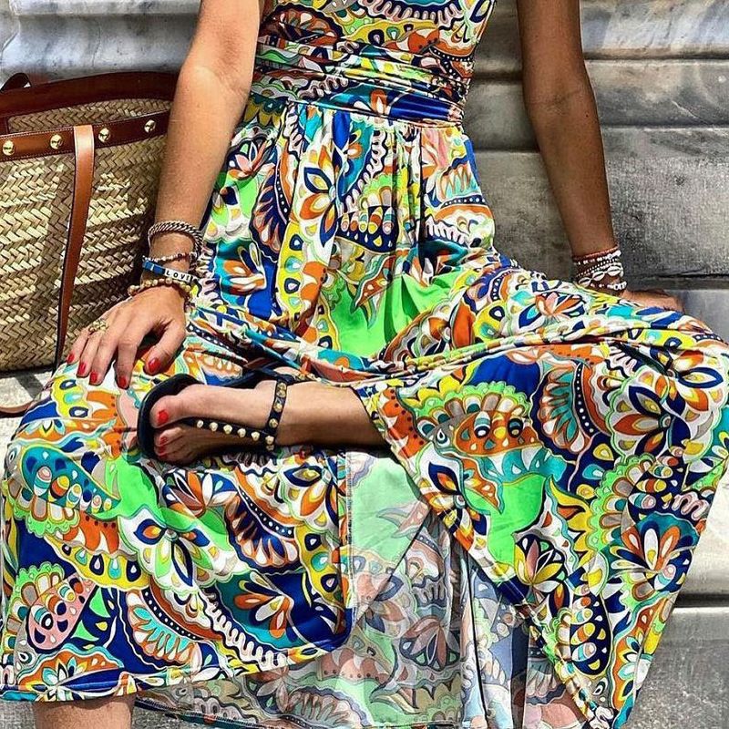 Damenbekleidung, bedrucktes Bohemian-Langkleid mit One-Shoulder-Ärmeln_voghion.com