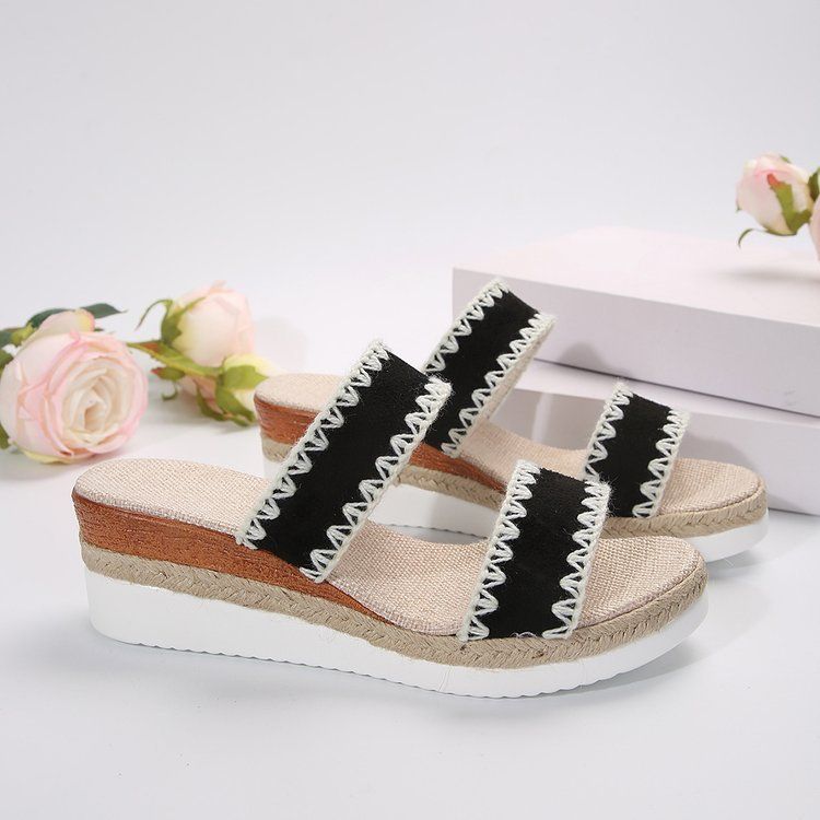 Women’s Shoes New Rope Woven Edge Wedge Slippers For Women Thick Bottom One Word Strap_voghion.com