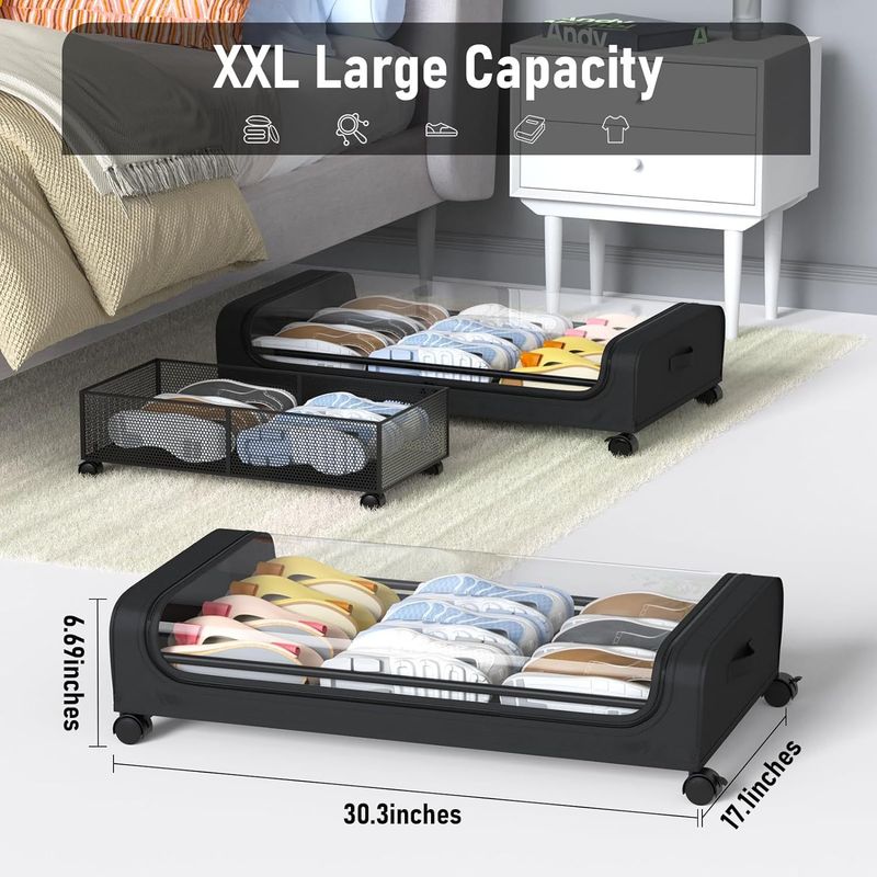 Arrumação embaixo da cama com rodas - Pacote com 2 gavetas de metal com rodinhas para sapatos e roupas, organizador compacto com alças, preto_voghion.com