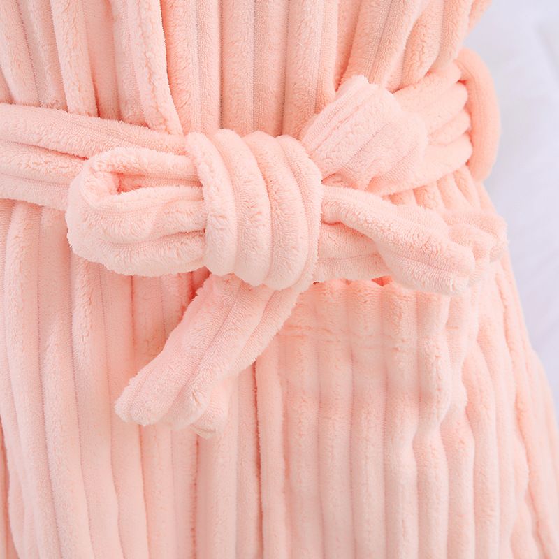 Peignoir de bain en polaire corail rayée de luxe pour femmes et hommes – Modèle hiver extra-long, tissu éponge ultra-doux, respirant et absorbant_voghion.com