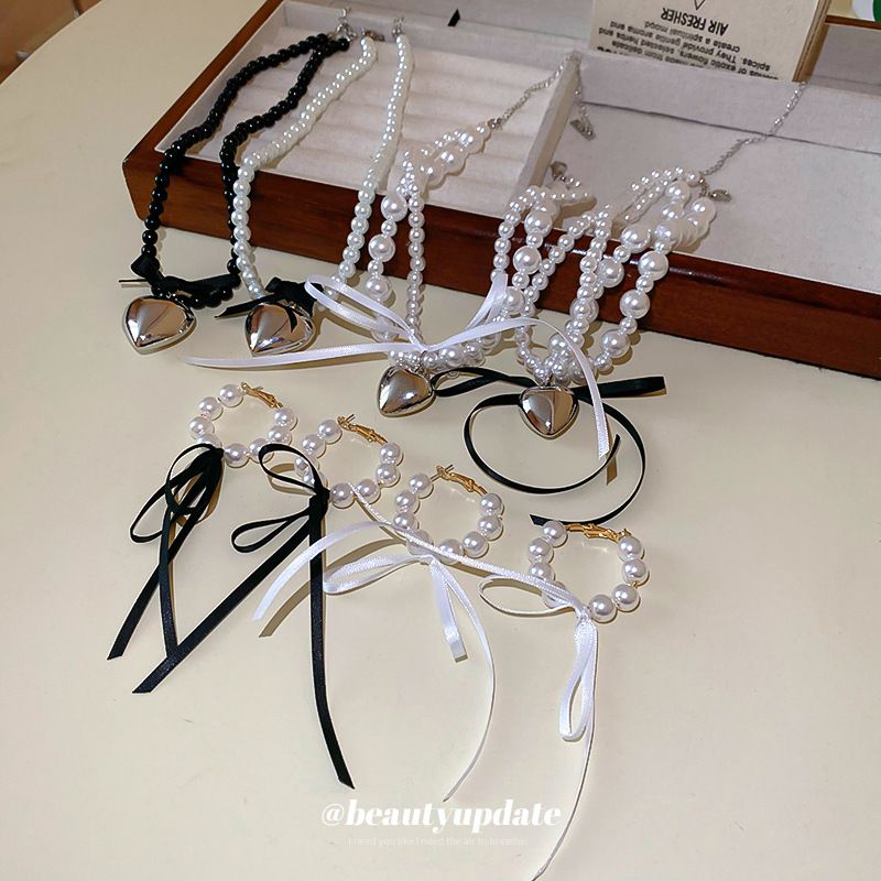 Set di orecchini con collana e fiocco di perle a forma di cuore, stile francese, design unico, catena per clavicola, girocollo alla moda per le donne_voghion.com