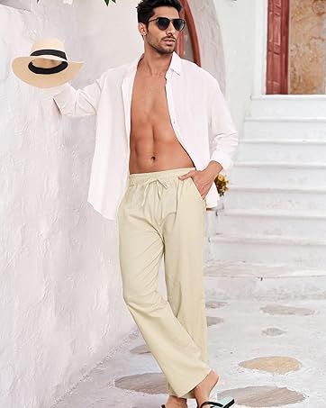 Litthing Herren-Jogginghose aus Baumwolle, lässige Sommerhose mit Taschen, lockere Passform, Kordelzughose, bequeme, leichte Hose_voghion.com