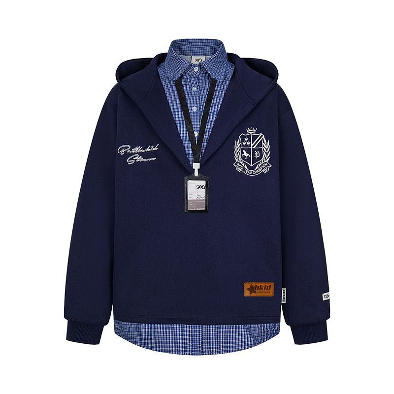 Felpa con cappuccio patchwork a due pezzi con motivo scozzese americano, giacca unisex in stile New College autunnale 2025_voghion.com