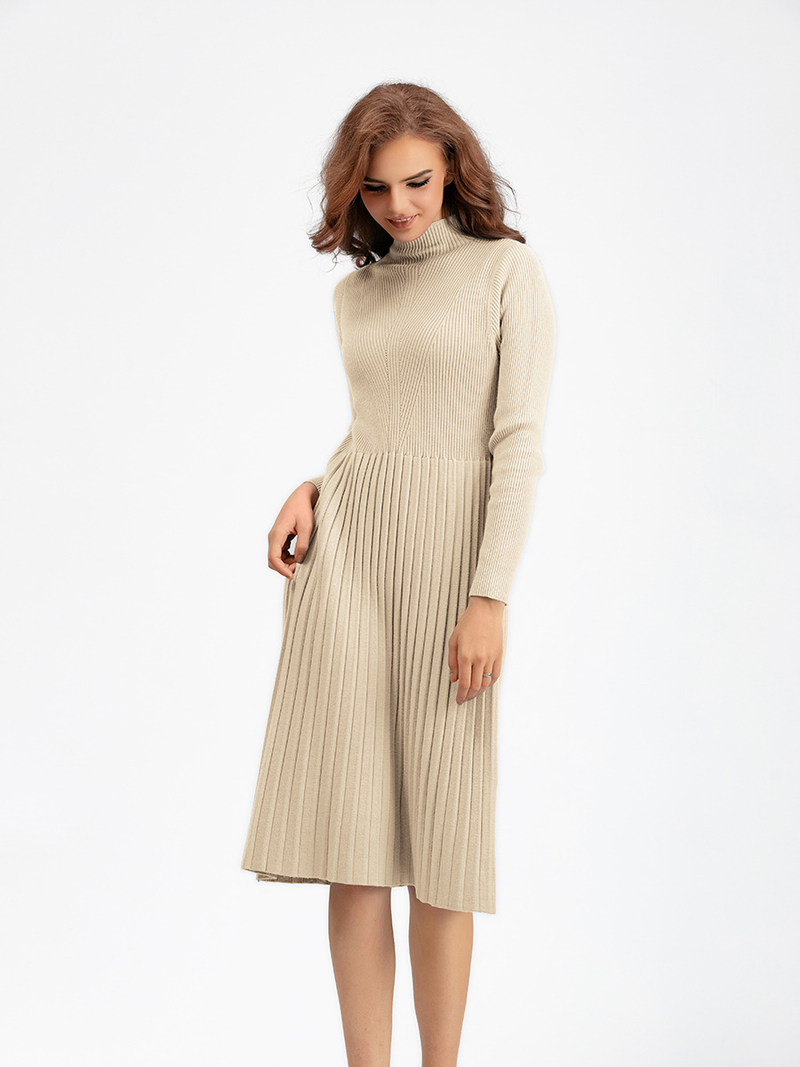 Einfarbiges, halbhohes, verdicktes, knielanges Midi-Taillenkleid für Damen_voghion.com