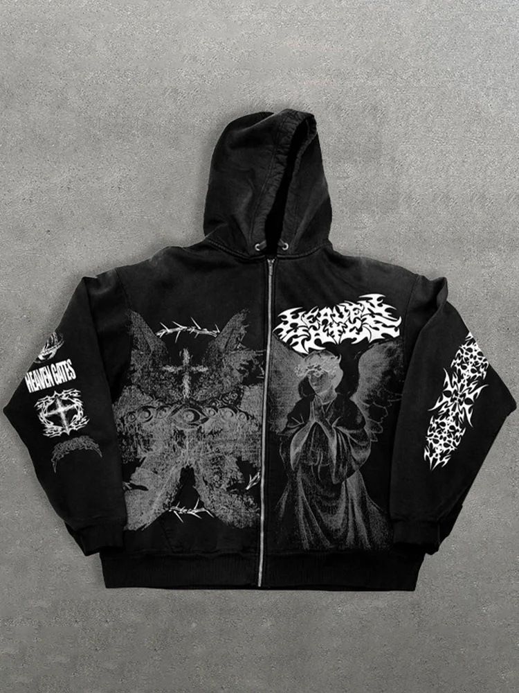 New Angel Print Hoodie Zipper Unisex Loose Sweater Y2K Retro Style_voghion.com
