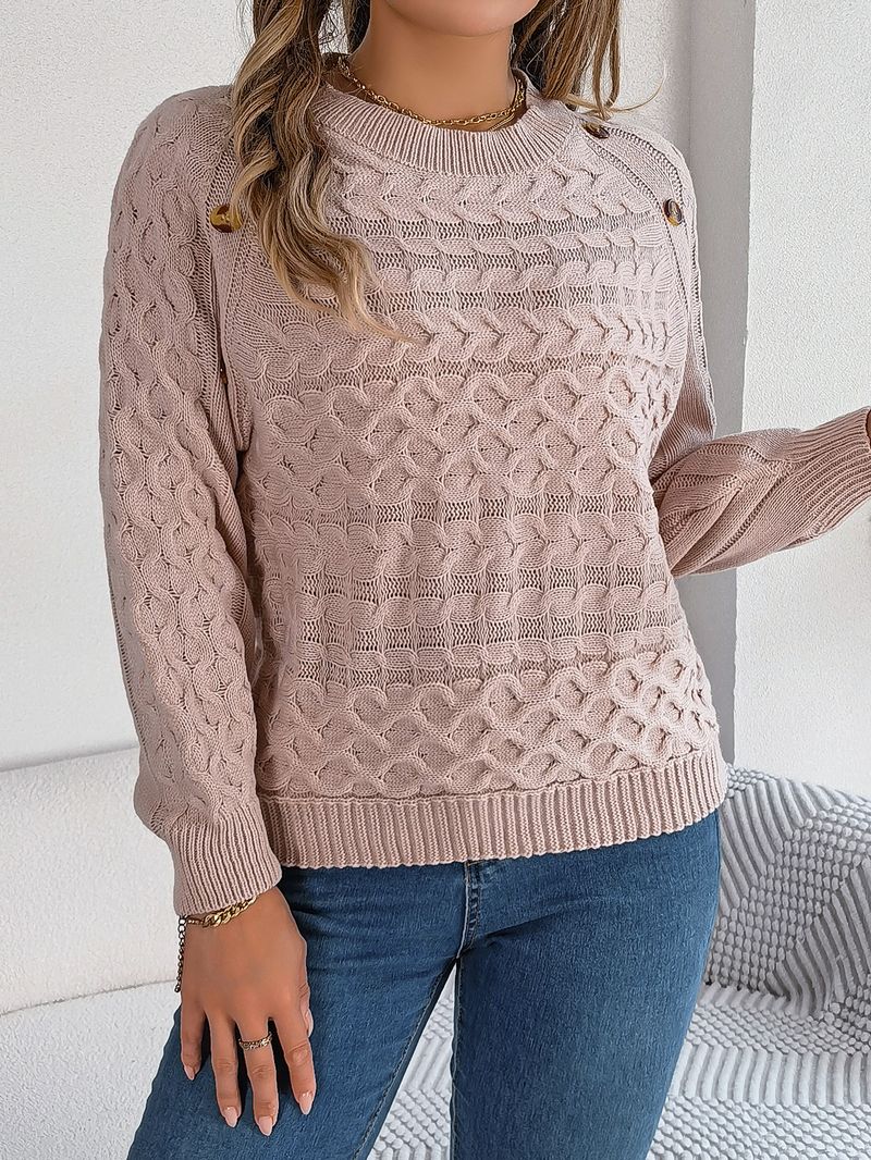 Maglione pullover con maniche a lanterna e bottoni in maglia a trecce tinta unita autunno inverno 2024, moda donna_voghion.com