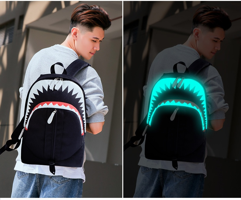 Batoh Nightglow pro muže s velkými ústy, žraločí USB funkce, studentský batoh, personalizovaný moderní styl, Guangzhou_voghion.com
