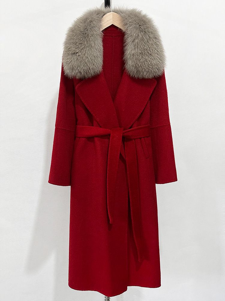 Elegant-Style Women's Wool Coat With Fox Fur Collar, Belted Double-Faced Long Tweed Coat_voghion.com