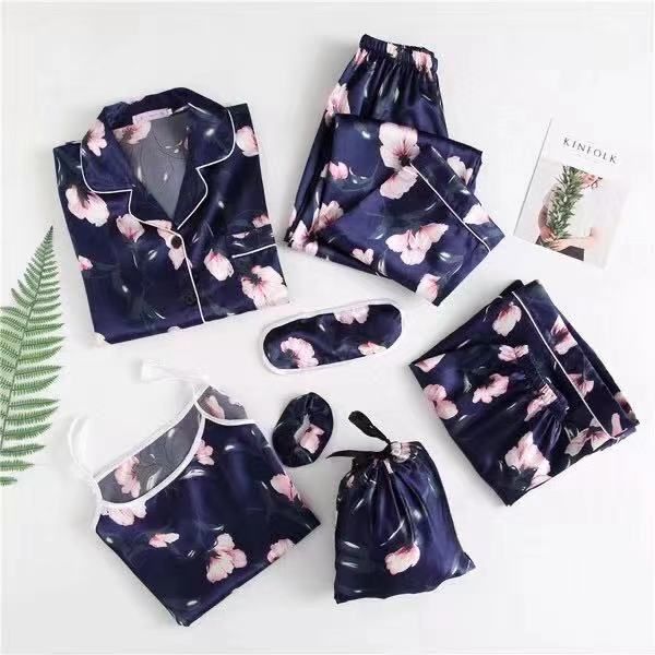 Women's Sleepwears Spring And Autumn Summer Solid Color Simulation Ice Silk Seven Piece Suit Pajamas Ladies Casual Sweet Sling Chest Pad Home Clothes_voghion.com