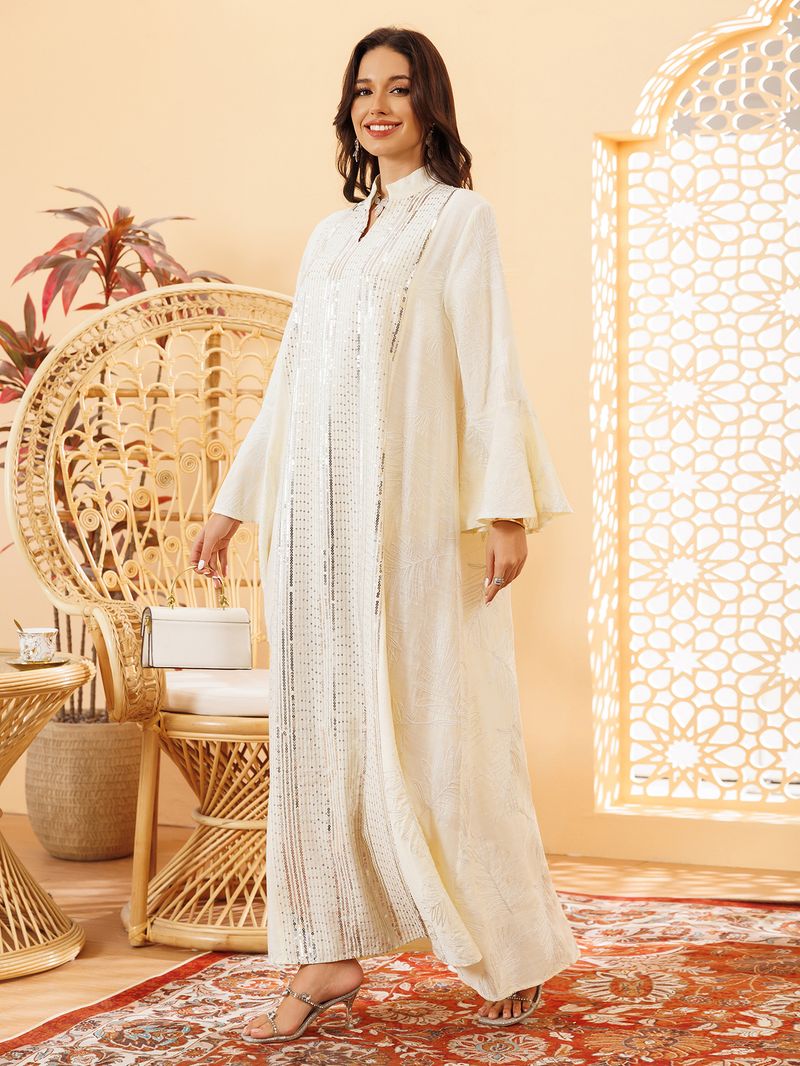 Elegant Embroidered Abaya Dress – Flowy Maxi Kaftan With Flounce Sleeves (Light Green/Yellow/Pink, S-XXL)_voghion.com