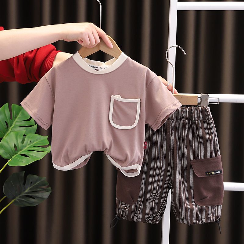 Nuovo set estivo per bambini, girocollo, casual, a maniche corte, per bambini di età media e piccola, due pezzi, pantaloncini verticali per neonati_voghion.com