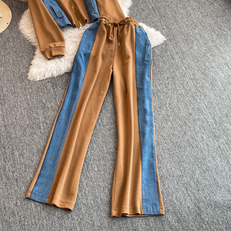 Dametøj Forår og efterår denim-søm sweaterjakkesæt med stående krave til kvinder sports- og afslappet moderigtigt jakkesæt i to dele_voghion.com