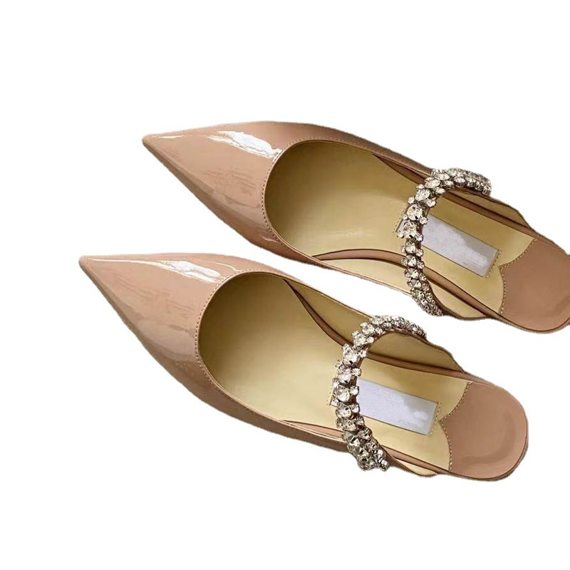 Sandales plates à bout pointu et talons hauts pour femme, version cuir verni et strass_voghion.com