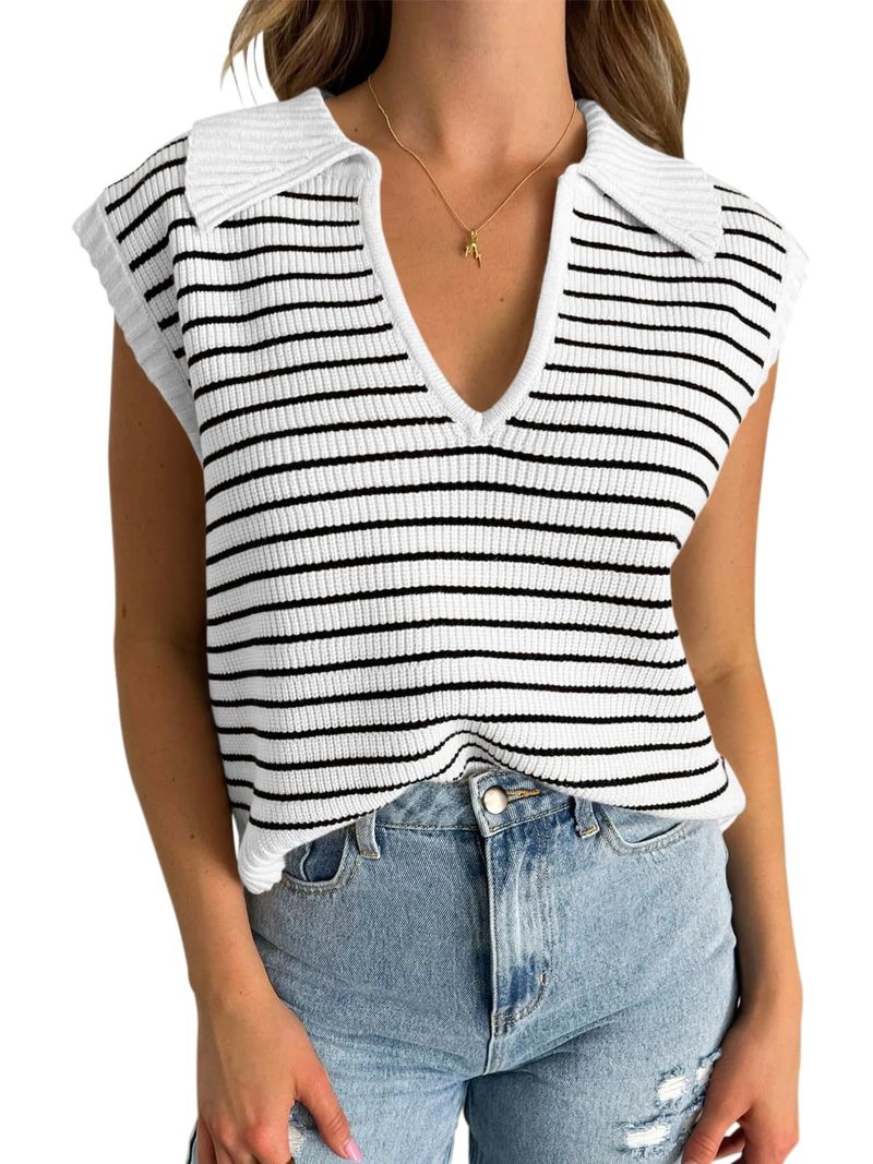 Maglia a righe con scollo a V da donna - Maglione pullover a maniche corte in stile francese, vestibilità ampia - T-shirt casual leggera in misto rayon_voghion.com