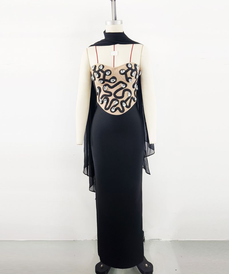 Elegante abito da sera con fasciatura in strass per donna - Abito aderente elasticizzato per feste e occasioni speciali_voghion.com