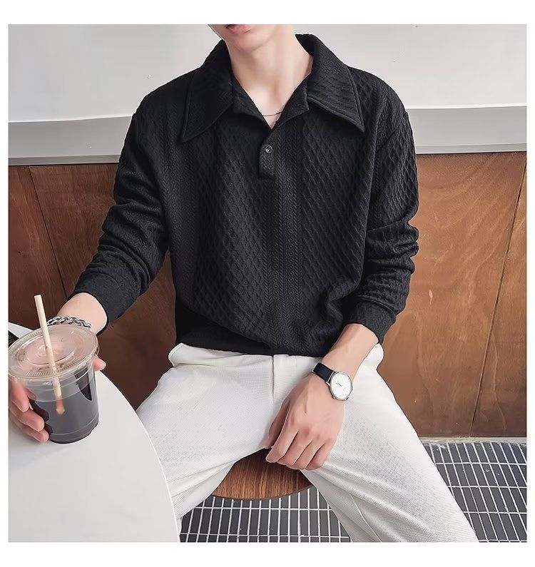boy Boy Spring And Autumn New Style Turn-Down Collar Sweatshirt For Men, American High Street Loose Retro Textured Pullover_voghion.com