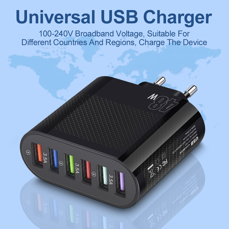 USB 6-Port Ladegerät 48W Schnellladung 3.0 QC3.0 Schnelllade-Wandtelefonadapter geeignet für iPhone 14 13 Xiao QC_voghion.com