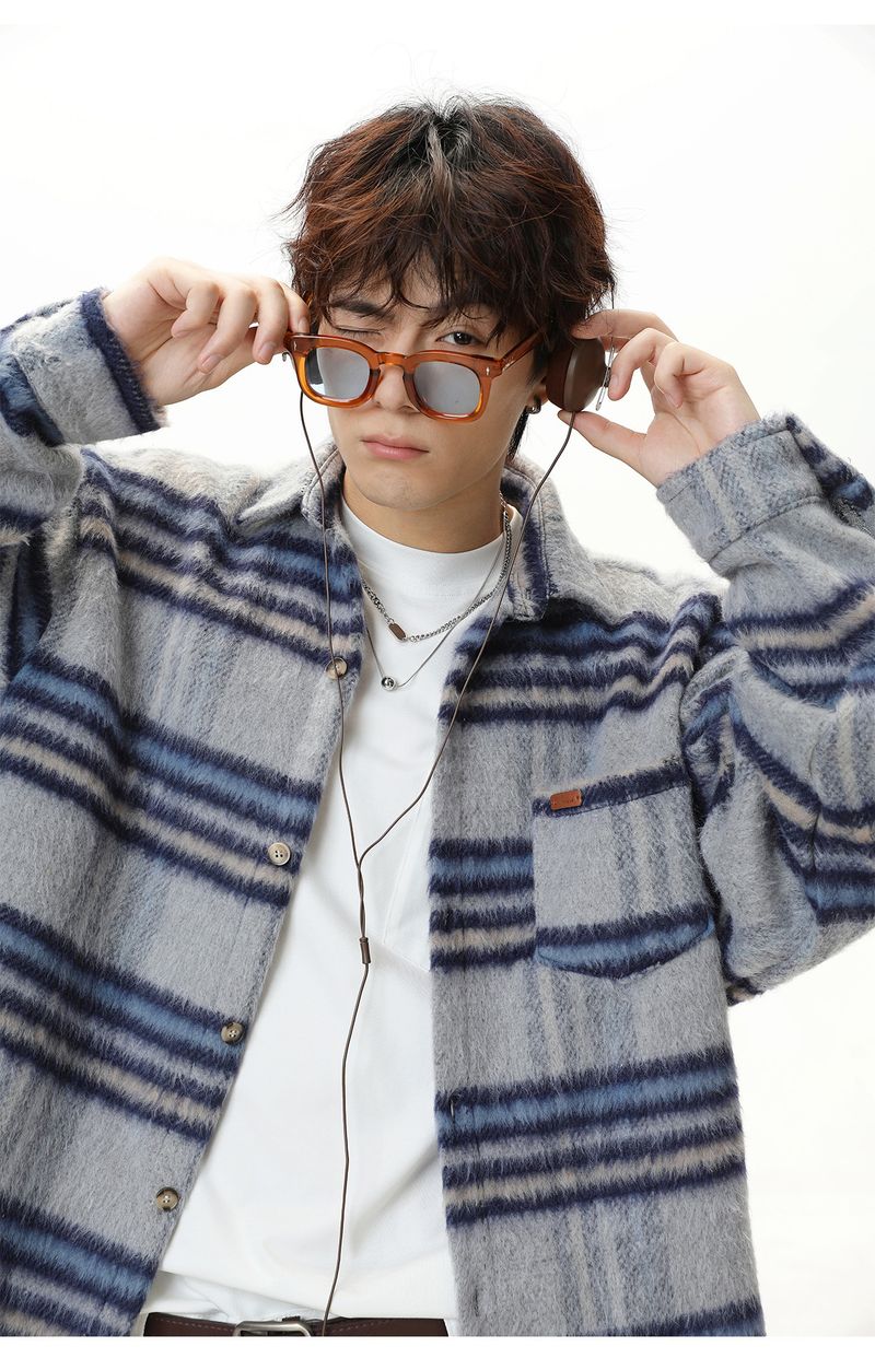 Men's Checkered Wool-Blend Long Sleeve Shirt, Oversized Retro Fall Shacket With Color-Blocking Design, Thickened Casual Streetwear Top_voghion.com