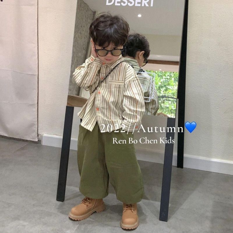 Conjunto de primavera y otoño para niño, nuevo, elegante y moderno, camisa a rayas, top, pantalones de trabajo, conjunto de dos piezas para bebé, ropa para niño_voghion.com
