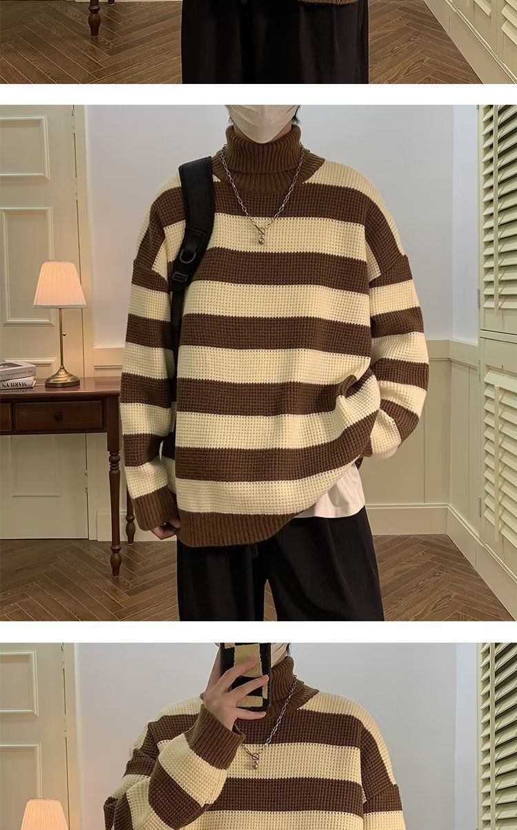 Maglione a collo alto a righe bianche e nere per uomo, stile retrò giapponese, pigro e di alta qualità. Maglione lavorato a maglia con inserti a contrasto_voghion.com