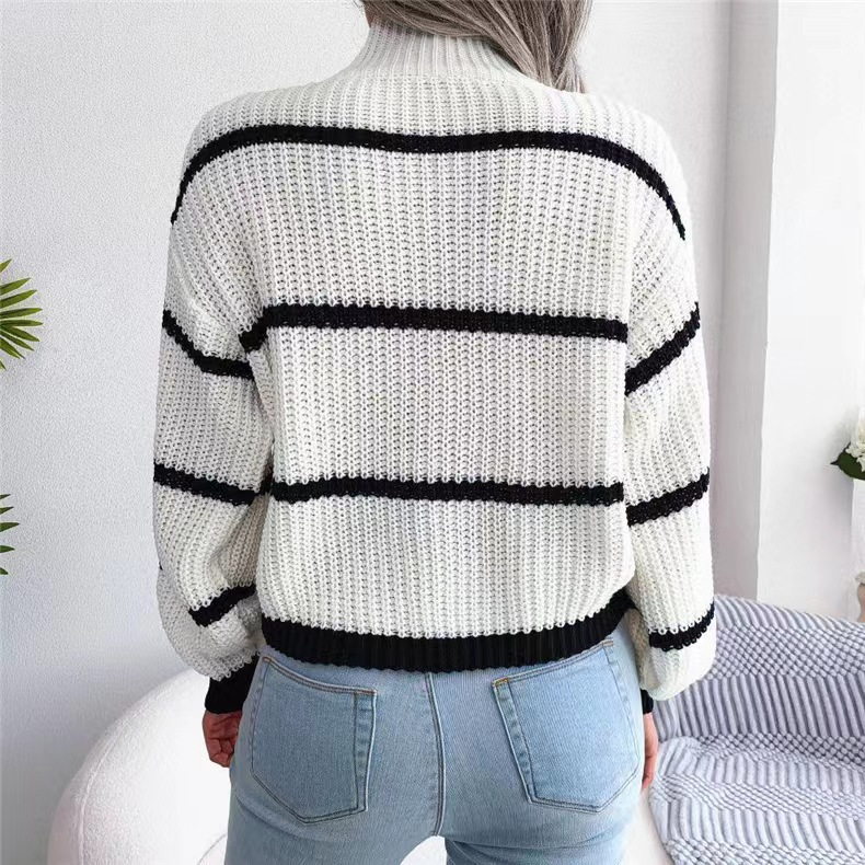 Suéter feminino casual listrado com manga lanterna e meia gola alta_voghion.com