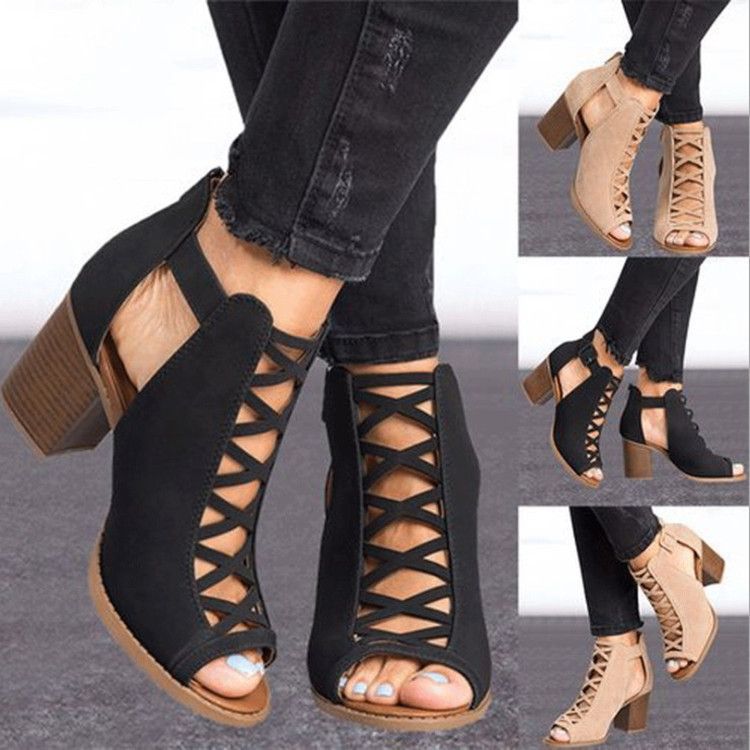 2025 Spring New Large Strap Thick High Heels, Back Zipper, One Line Buckle For Women's Sandals_voghion.com