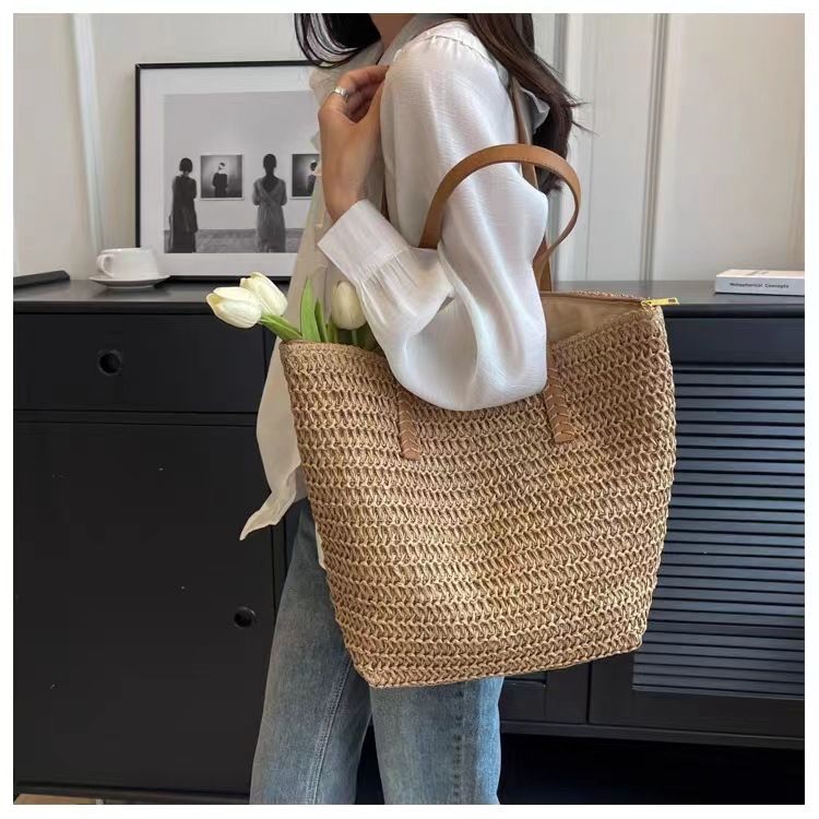Modische, einschultrige Tasche mit großem Fassungsvermögen für Damen, Sommertasche aus Grasgewebe, gewebte Tasche, Strandtasche für den Strandurlaub_voghion.com