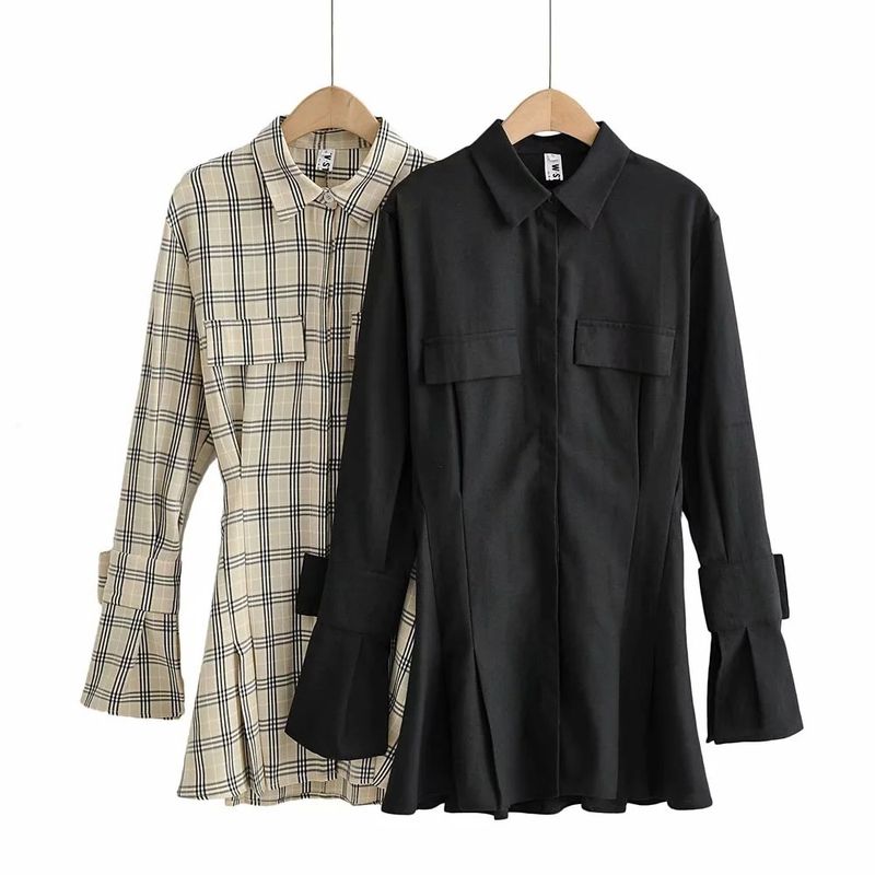 Gonna camicia colorata, cardigan incrociato a quadri autunnali, camicia bianca monopetto a maniche lunghe con risvolto in cotone temperamento da pendolarismo_voghion.com