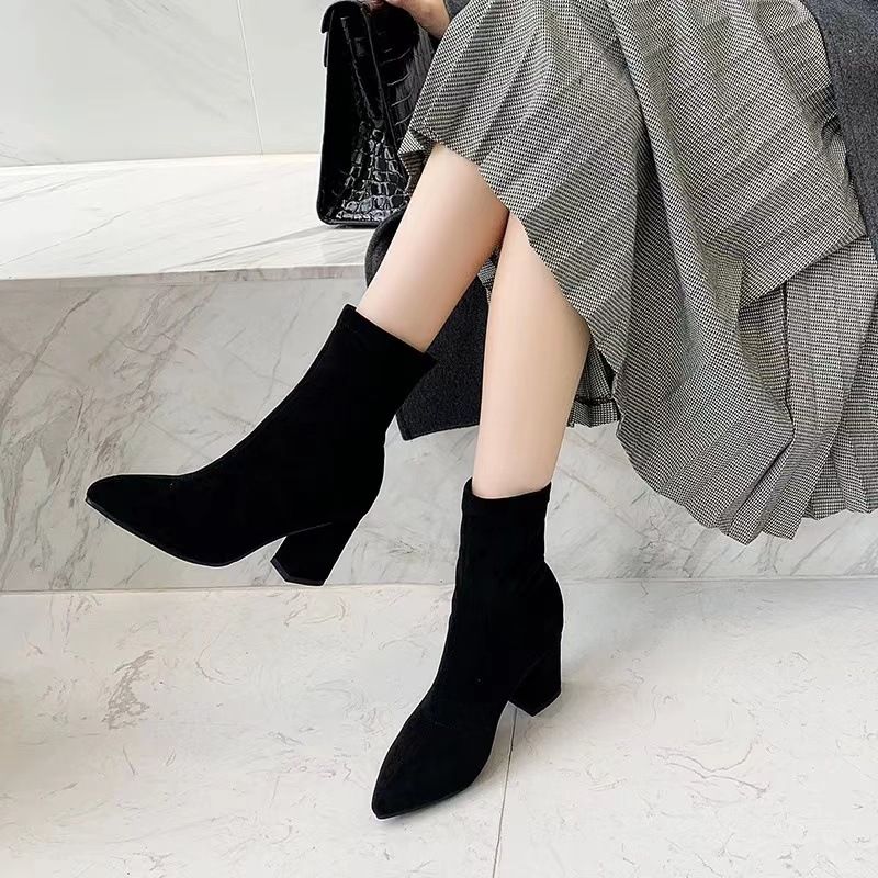 Herbst Winter Neue Britischen Stil Martin Kurze Square Toe High Heel Vielseitig Mode Elastische Dünne Stiefel Modische_voghion.com