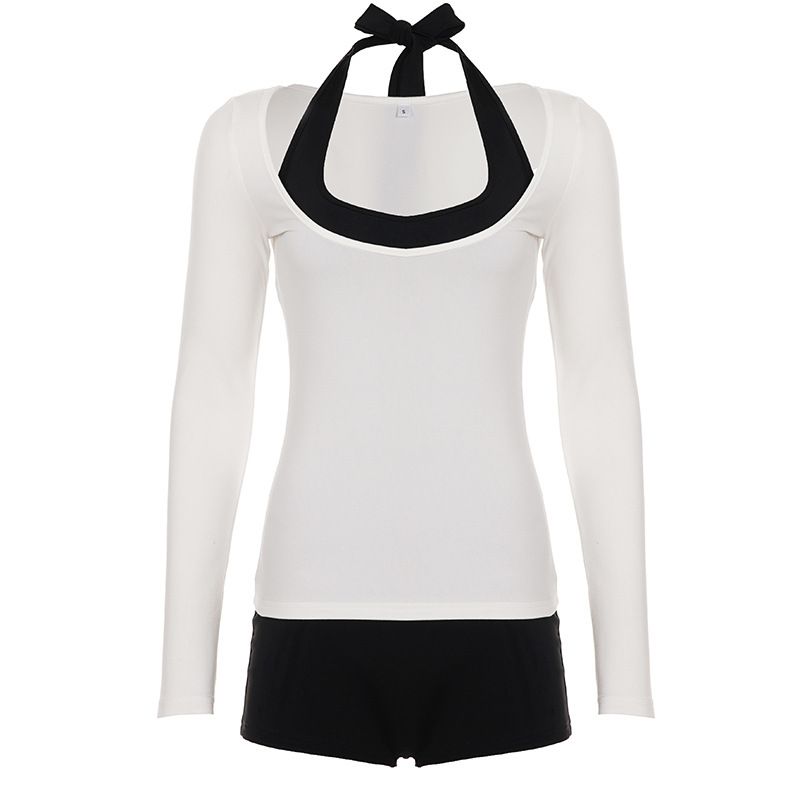 Grenzüberschreitender europäischer und amerikanischer Sport-Look: Zweiteiliger Lagenlook mit Neckholder, eng anliegendem Jumpsuit und U-Ausschnitt._voghion.com