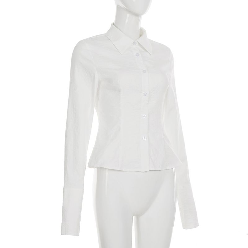 Slim Fit Long Sleeve Button-Down Shirt For Women – Minimalist Office Wear, Solid Color, Breathable Polyester, Classic Collar & Tailored Design_voghion.com