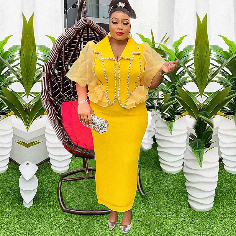 Women's plus size skirt set press drill patchwork two-piece dress_voghion.com