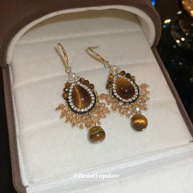 Orecchini Milad Color Series con pietra occhio di tigre e nappa, stile palazzo francese, per donna_voghion.com
