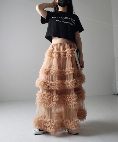 K Three-layer Pleated Net Skirt With Japanese Style; Long Skirt With Three-dimensional Decoration. Without A Bag Or Other Accessories_voghion.com
