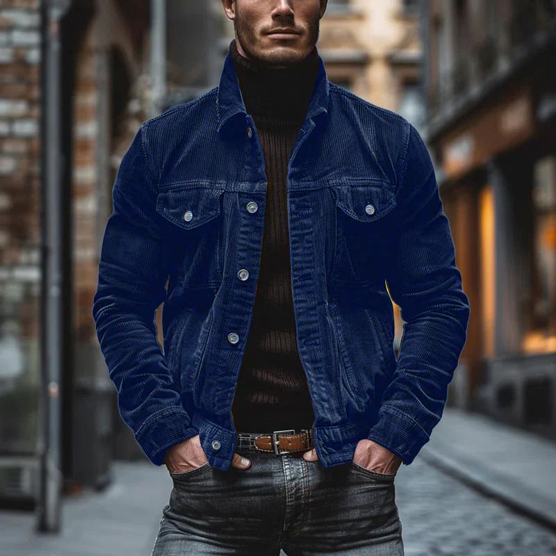 New autumn and winter men's pocket corduroy long sleeved striped lapel jacket_voghion.com