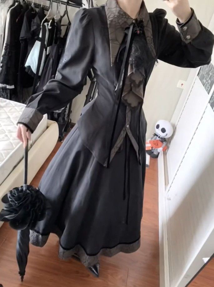 Dark Style Design Waist-Cinching Long Sleeve Top + High-Waisted Skirt High-End Elegant Two-Piece Set_voghion.com