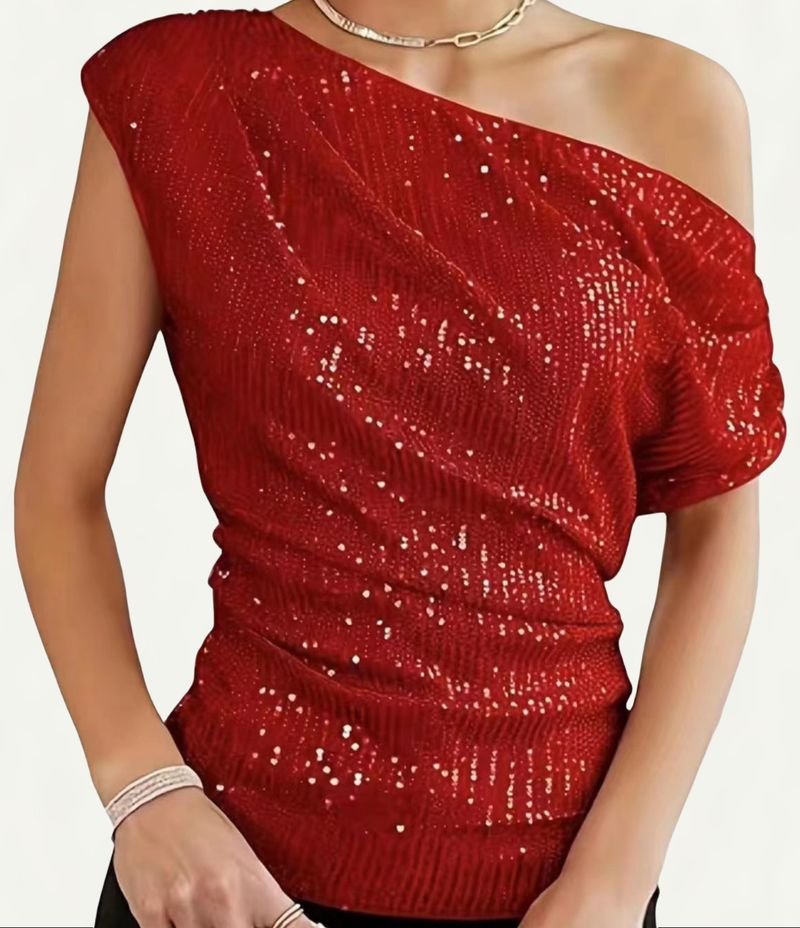 Vêtements pour femmes T-shirt d'été à manches courtes et col oblique avec perles pailletées et paillettes_voghion.com