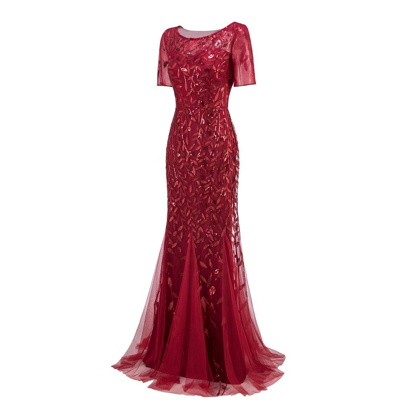 Plus Size Evening Dresses Mermaid O Neck Short Sleeve Lace Appliques Tulle Long Party Gown Robe Soiree Sexy Formal Dress Vestido_voghion.com