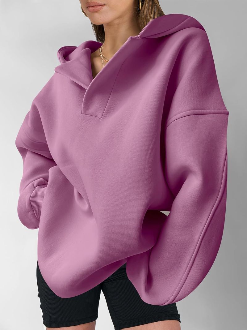 Women's Clothing Sweatshirt Solid Color Long Sleeve Hooded Solid Color Loose Sweater Women's Top_voghion.com