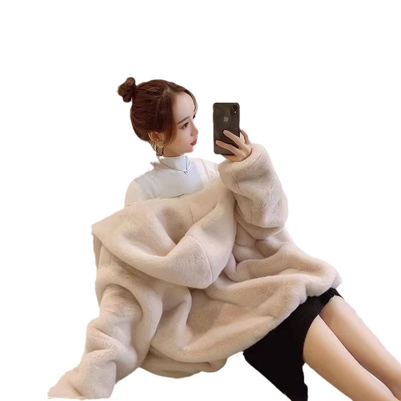 Cappotto corto e largo in pelliccia di visone di coniglio con cappuccio ispessito autunno inverno 2024 per donna_voghion.com