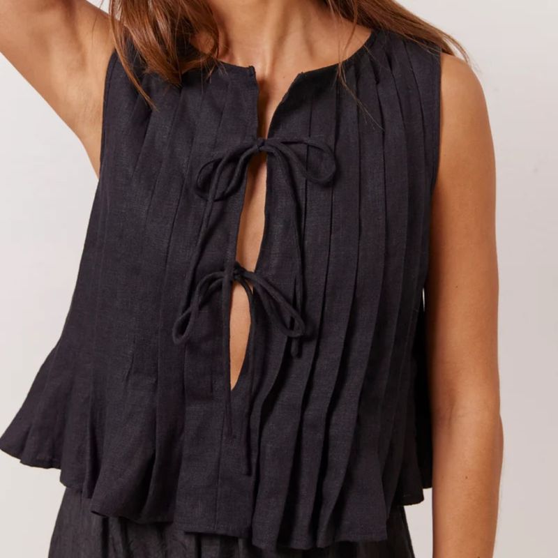 Verve 2025 Spring/Summer New Women's Tie Cotton Linen Blouse_voghion.com