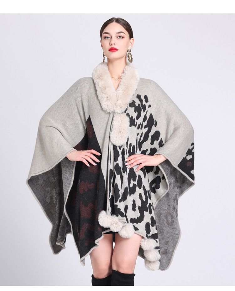 Mantella con collo di pelliccia, mantello con palla di pelliccia, mantello jacquard in maglia larga, cappotto di grandi dimensioni_voghion.com