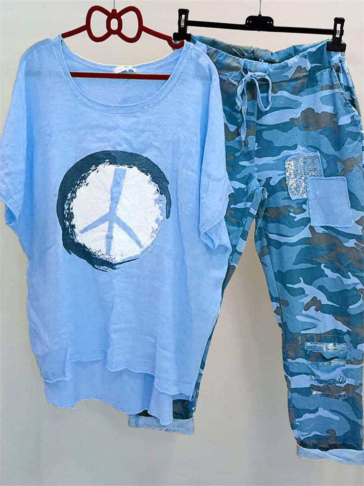 Vêtements pour femmes Nouveau T-shirt imprimé à col rond à manches courtes Pantalon de style occidental Costume deux pièces_voghion.com