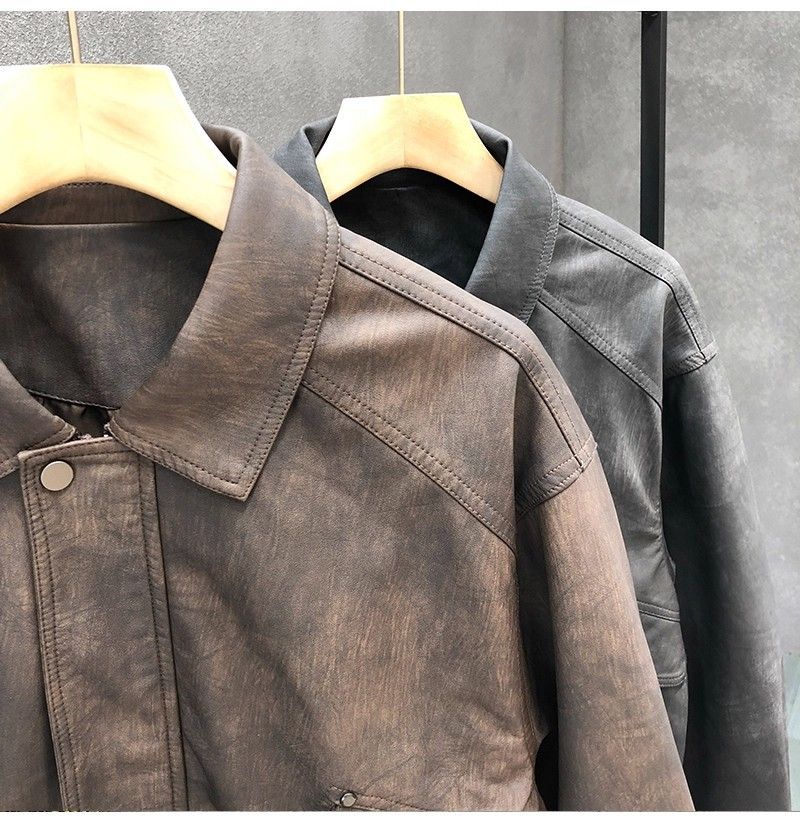 "Men's Retro PU Leather Jacket – Slim-Fit Biker Coat With Stand Collar & Side Pockets (Charcoal/Coffee, L-3XL)"_voghion.com