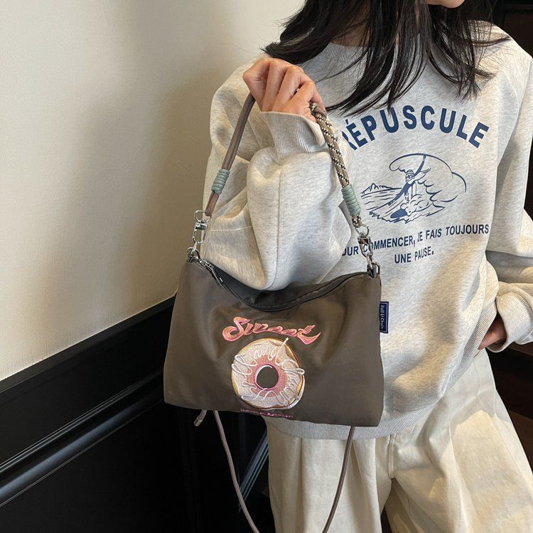 Embroidered Donut Handbag Nylon Fabric Trendy Women Japanese And Korean Style Casual Outing Commuting Crossbody_voghion.com