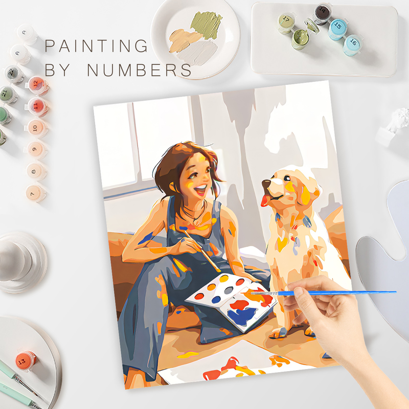 RUOPOTY Pittura astratta con numeri Dipinti decorativi dipinti a mano Cartoni animati Ragazze e cani Decorazioni per la casa Ritratto digitale_voghion.com