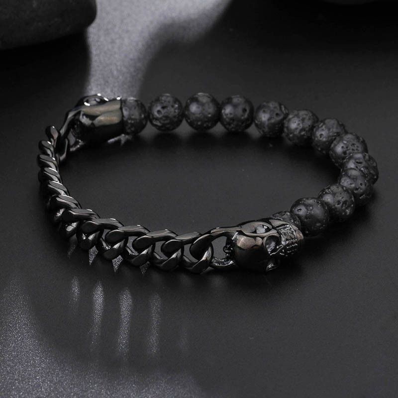 Men's Gothic Titanium Steel Skull Bead Bracelet With Volcanic Stone And Tiger Eye - Stylish And Durable Jewelry For Men_voghion.com